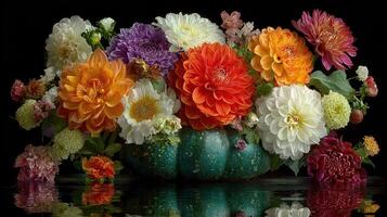Vibrantly arranged flowers on a green pumpkin with reflections in the water photo