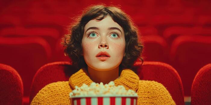 Young woman enjoys a movie in a theater while holding a large bucket of popcorn photo
