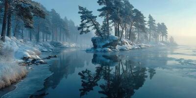 Winter landscape with icy river and snow-covered trees in a tranquil forest setting at dawn photo