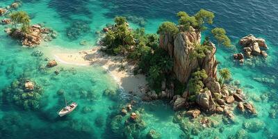Tropical island paradise with turquoise waters and lush vegetation under bright sunlight photo