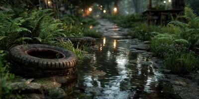 Scenic path surrounded by lush greenery and calm water reflecting lights in a serene environment photo