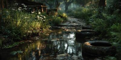 Tranquil natural landscape featuring a stream surrounded by greenery and old tire remnants in a serene environment during daylight photo