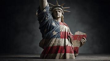 Statue of Liberty in artistic representation with American flag motifs in a dramatic lighting setting photo