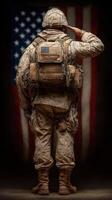 Soldier saluting in front of American flag at dusk, honoring service and sacrifice in a poignant display of patriotism photo