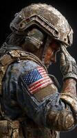 Soldier salutes while wearing a weathered uniform, depicting strength and honor in a moment of reflection photo