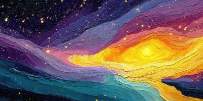 Colorful abstract depiction of a galaxy with swirling patterns and bright stars in a cosmic landscape during nighttime photo