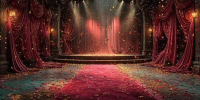 Dramatic theater stage adorned with rose petals and rich curtains in an ornate setting during an evening performance photo