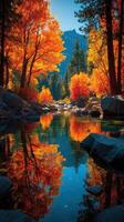 Beautiful autumn landscape with vibrant foliage reflecting in a tranquil river during a sunny day photo