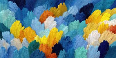 Colorful abstract painting featuring vibrant strokes of blue, yellow, and white in a swirling pattern photo