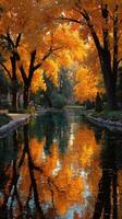Vibrant autumn foliage reflecting in a tranquil pond during a sunny afternoon in the park photo