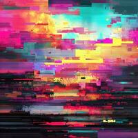 Colorful abstract digital art depicting a vibrant sunset with glitch effects and layered textures photo