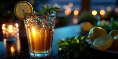 Refreshing lemonade drink with mint and lemon slice in cozy evening setting by soft candlelight photo
