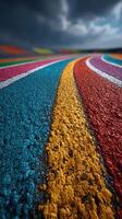 Colorful asphalt patterns create a vibrant art display at an outdoor location under a dramatic sky photo