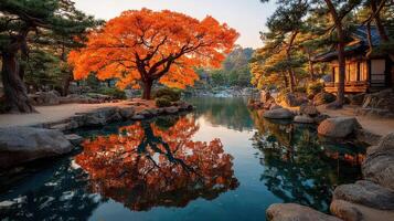 Bright autumn foliage reflects on a serene pond in a tranquil garden setting during sunset photo