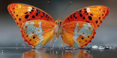Vibrant orange butterfly with intricate patterns resting on a wet surface in soft lighting photo