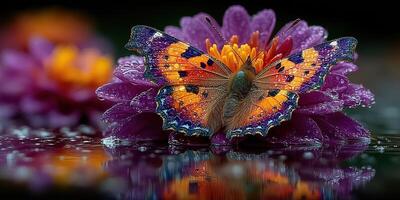 Colorful butterfly rests on vibrant purple flower in early morning dew photo