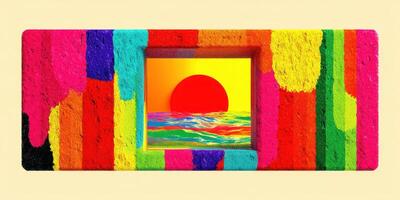 Colorful sunset mural depicting vibrant ocean waves against a bright sun backdrop in a lively artistic space photo