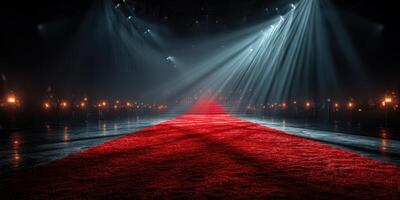 Elegant red carpet leading to a spotlighted stage surrounded by glowing torches in an intimate venue photo