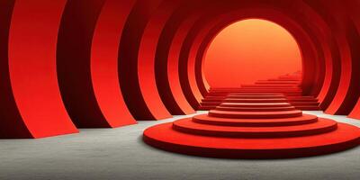 Striking red circular architecture leads to a glowing horizon at a contemporary exhibition space photo