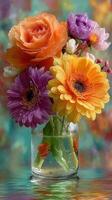 Vibrant bouquet of fresh flowers in water with droplets, displayed on a colorful background photo