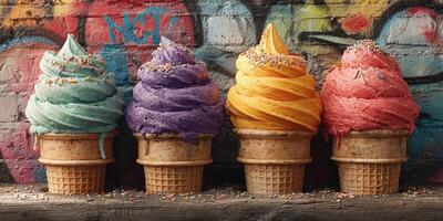 Colorful ice cream cones lined up against a vibrant graffiti wall in an urban setting photo