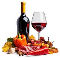 A glass of wine and some vegetables on a white background photo
