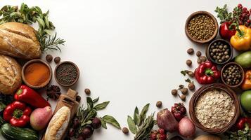 Various types of food are arranged around a white background photo