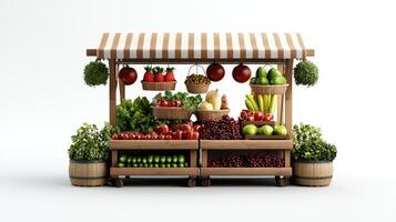 A fruit and vegetable stand with baskets of fruit and vegetables photo