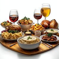 A wooden tray with a variety of food and wine photo