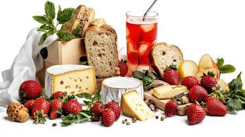 A bunch of strawberries, cheese, bread, and a glass of juice photo
