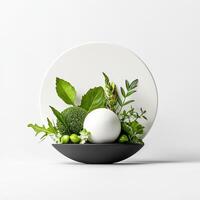 A white plate with plants and a ball photo