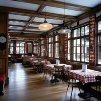 A restaurant with tables and chairs photo