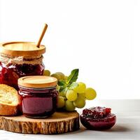 Jam and bread on a wooden board photo