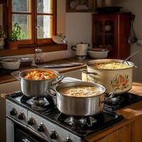A stove top with pots and pans on it photo