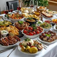 A table full of food and wine photo