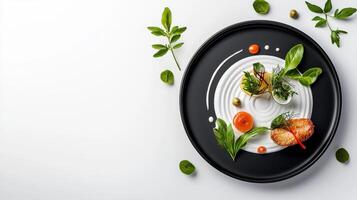 A plate with food on it and leaves around it photo