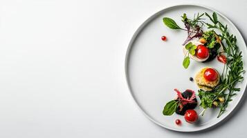 A white plate with vegetables and herbs on it photo