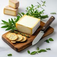 A cheese board with crackers and herbs photo