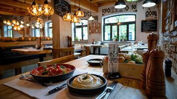A restaurant with a table and chairs and a bowl of food photo