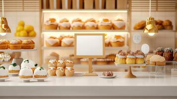 A bakery with many pastries and cakes on display photo