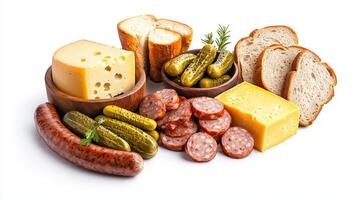 A variety of different types of food including bread, cheese, sausage and meat photo