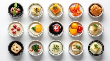 A set of small dishes with different foods photo