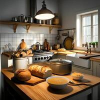 A kitchen with a table and a stove top photo