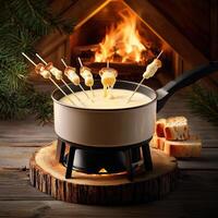 A fondue pot with skewers on it photo