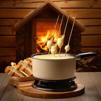Fondue with bread sticks on top of a pot photo