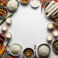 A circular frame with various dishes and candles photo