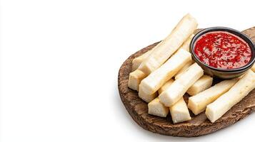 French fries with ketchup on a wooden board photo