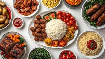 A variety of different foods are arranged on white plates photo