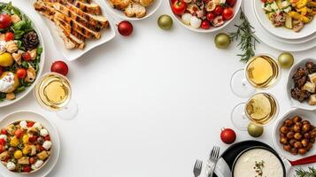 A white table with many plates of food photo
