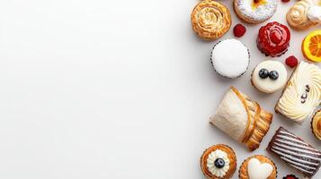 Various pastries on white background photo